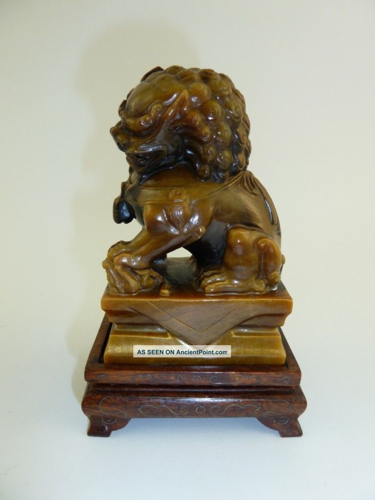 Incredible Antique Chinese Carved Tiger Eye Fu Lion On Inlaid Silver Stand Foo Dogs photo