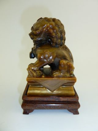 Incredible Antique Chinese Carved Tiger Eye Fu Lion On Inlaid Silver Stand photo