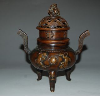Chinese Red Copper Incense Burners Beast&lid W Ming Mrak Nr photo