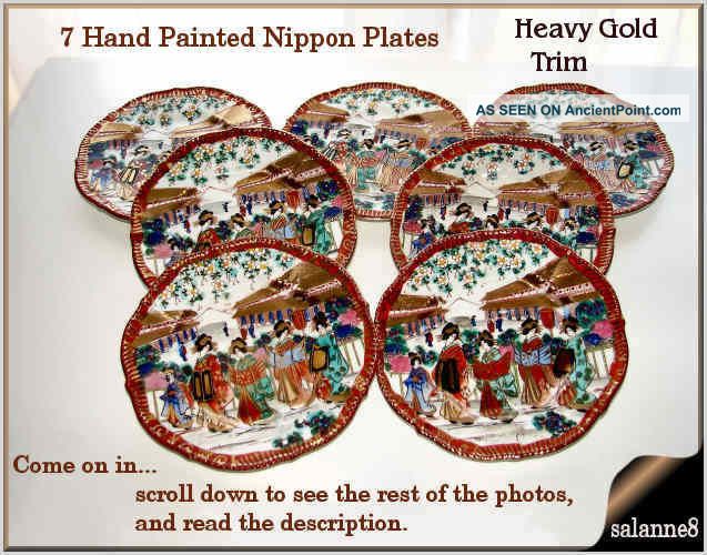 7 Antique Hand Painted Nippon Plates Heavy Gold Geisha Girls Scenic Dishes Plates photo