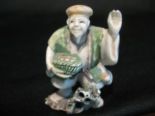 Japanese Polychrome Ox Bone Netsuke Carving Figure Old Man W.  Basket photo