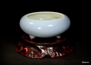 Chinese Blue Porcelain Brush Washer Bowl On Carved Wood Stand photo