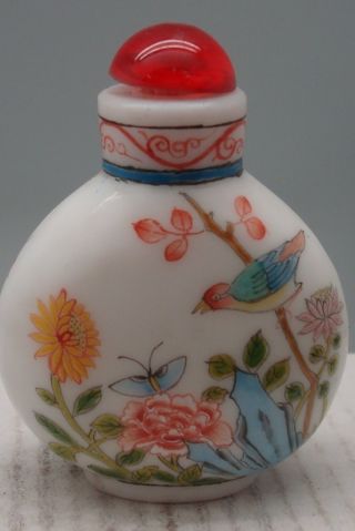 Chinese White Glass Scent Bottle - Hand Painted Birds - Signed - Oriental photo