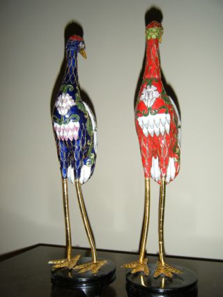 Two Enamel Cloisonne Crains With 24 K Gold Plate On Wood Stands photo