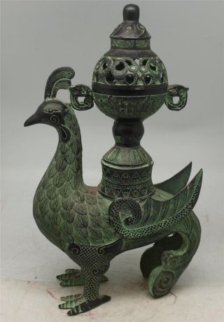 Chinese / Tibetan Verdigris Bronze Urn / Planter With Lid - Phoenix Bird photo