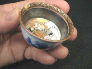 100 Year Antique Japanese Meiji Era Daikoku Kutani Imari Sake Cup Sakazuki photo