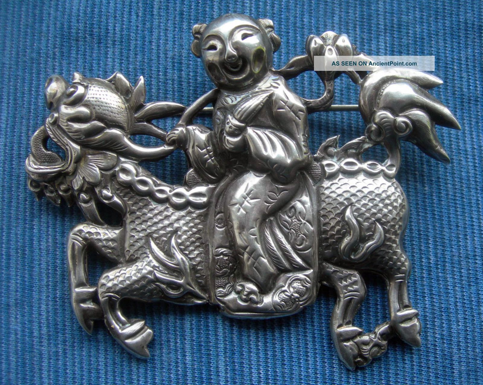 Exceptional & Large 19th Century Chinese Silver ' Boy On Kylin ' Brooch. Other photo