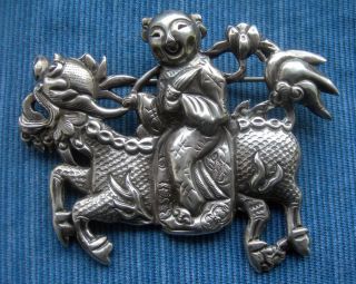 Exceptional & Large 19th Century Chinese Silver ' Boy On Kylin ' Brooch. photo