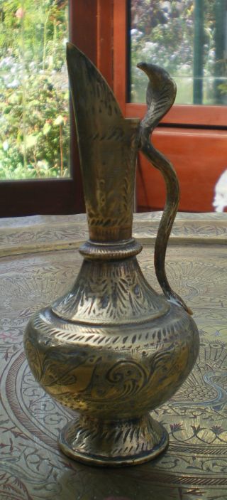 Antique Indian Cobra Handled Brass Oil Ghee Jug Pitcher Engraves Birds Leaves photo