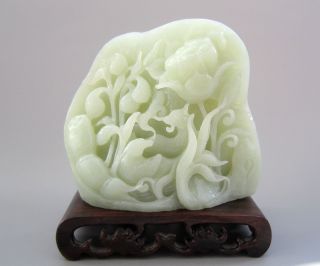Fine Chinese Hetian Jade Carved Lotus Root Mandarin Duck Statue photo