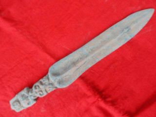 Chinese Bronze Old Sword Knife Exquisite Carved Figure Handle Unique 3 photo