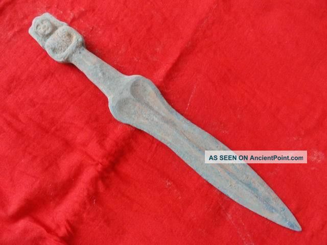 Chinese Bronze Old Sword Knife Exquisite Figure Handle Unique Style 2 Swords photo