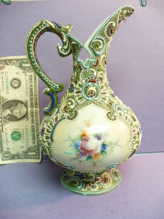 Fine Early 1900’s Unmarked Moriage Ewer With Hand Painted Floral Sprays photo