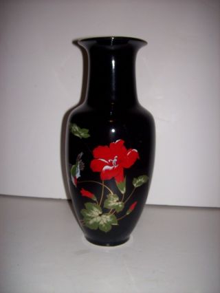Vintage Japan Red Flower & Butterfly Vase 10 