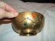 Antique Asian / Chinese Brass Bowl W/green & Orange Glass 
