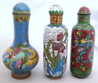 3 Chinese Cloisonne Snuff Bottles W/ Famille Rose,  Dragons & Flower Designs photo