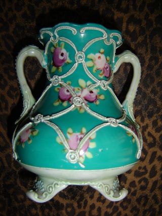 Nippon Double Handled Footed Vase - Moriage Hand Painted - Lovely Nr photo