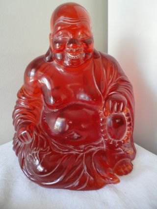 Antique Chinese Amber Or Resin Carving Buddha Budha With Wood Stand photo