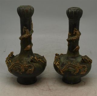 Pair Of Chinese Bronze Vases - Dragon - Gilt Decorated - 23cm High photo