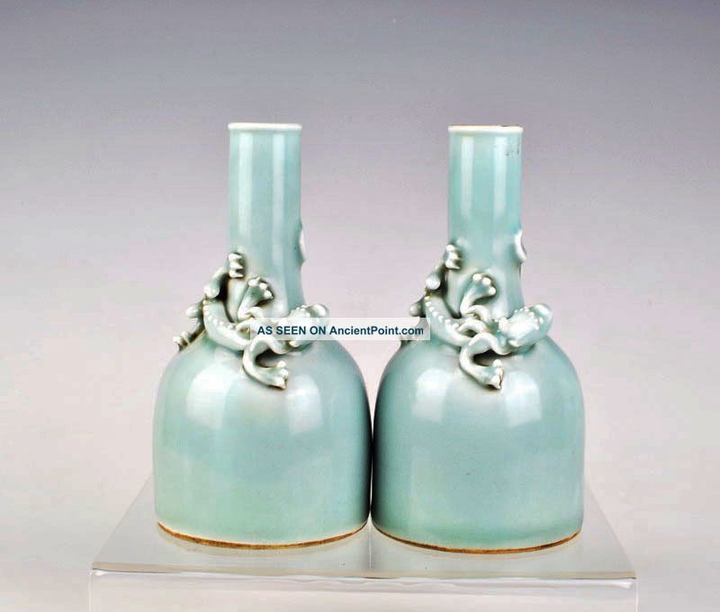 Chinese Vase Bluish Green Glazed Porcelain Dragon Pattern Antique Vases photo