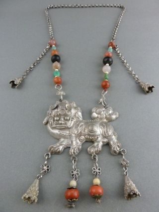 Incredible Antique Chinese Silver Fu Lion Necklace Solid With Fine Old Chain photo