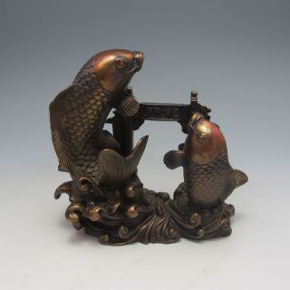 Chinese Bronze Copper Carved Double Carp Jumping Fish Dragon Door Statue photo