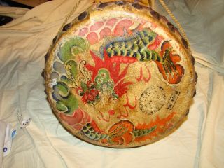Antique Chinese Tom Tom Style Drum Hand Painted W/dragon And Fire Bird Leather photo