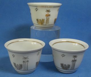 3 Vintage Chinese Porcelain Islamic Design Tea Bowls Golden Palm Trees,  Moon,  Star photo