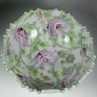 Antique Japanese Bowl Applied Slip Paste Heavy Moriage Green Pink Floral Beads photo