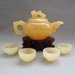 100% Chinese M Topaz Jade Carved Bamboo Teapot + Four Cups Nr photo