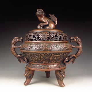 Chinese Bronze Incense Burner & Lid W Pixiu Dragon Nr photo