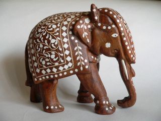 Antique Indian Wooden Carved Elephant Inlay Sculptured Statue photo
