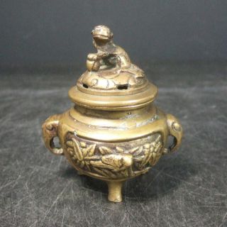 F292: Japanese Copper Ware Small Incense Burner With Foo Dog Statue. photo