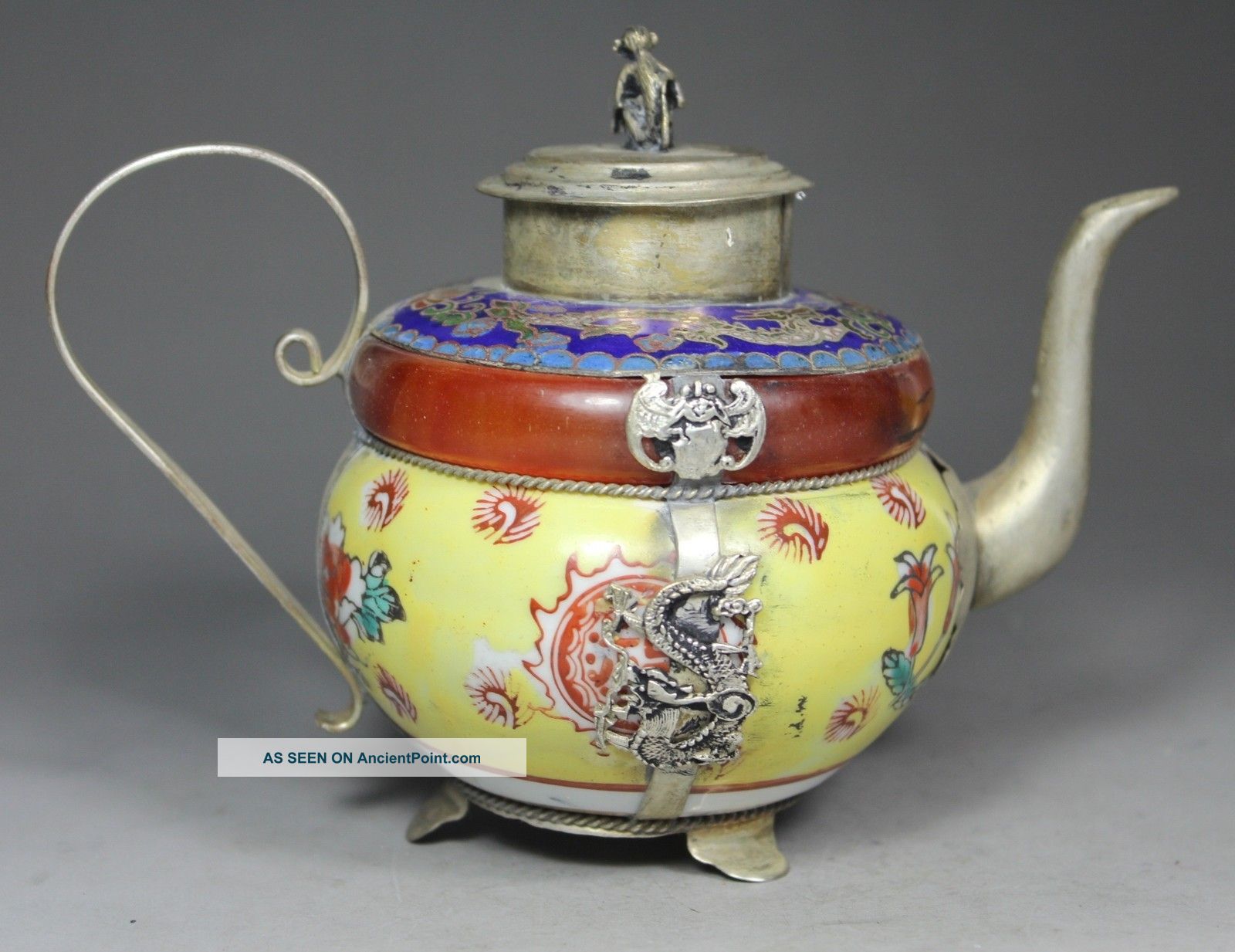 Chinese Handwork Painting Dragon Phoenix Old Jade Porcelain Tea Pot Porcelain photo
