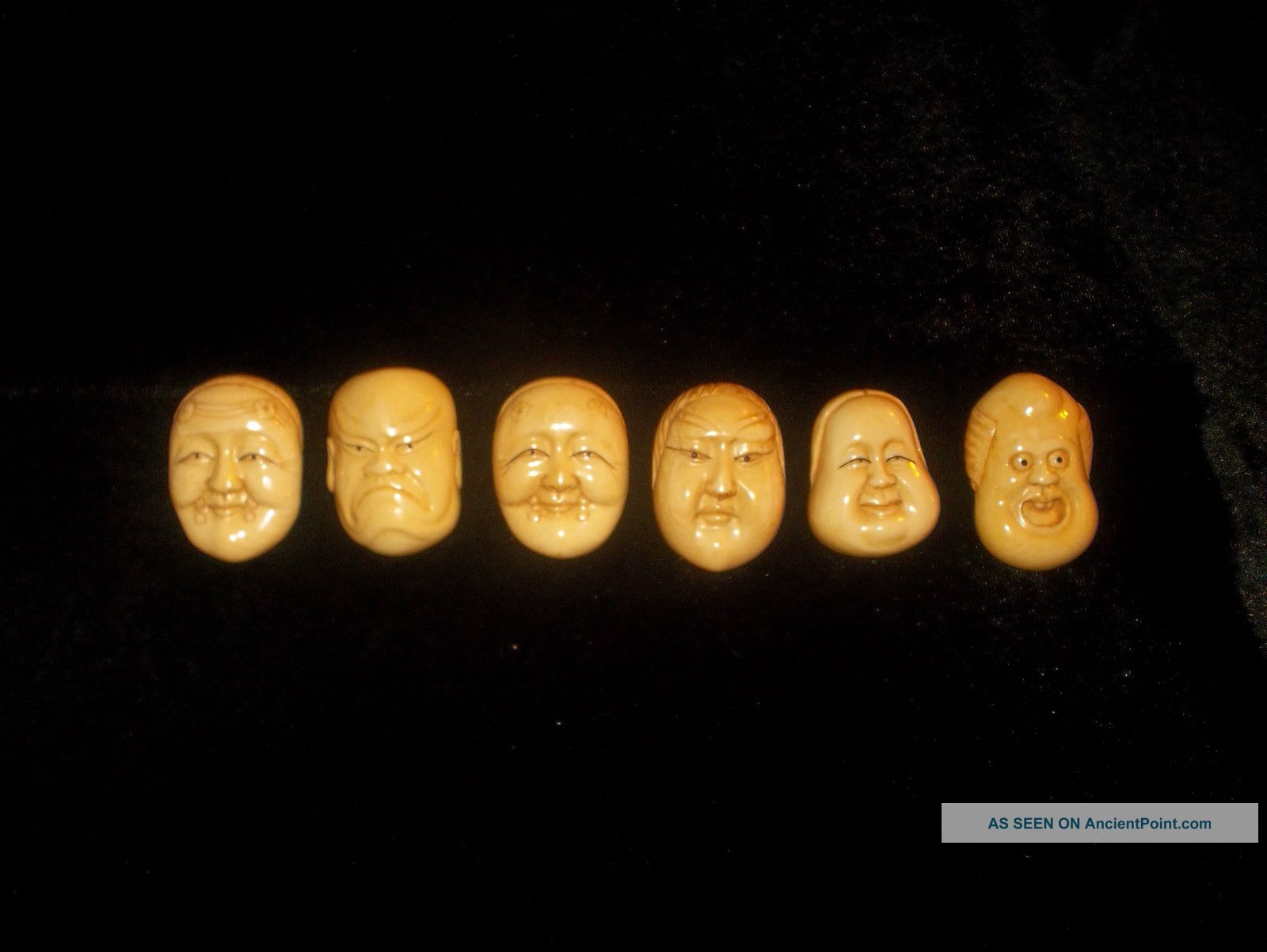 Unique Six Rare High Quality Ox Bone Netsuke Hand Carved Faces Signed Netsuke photo