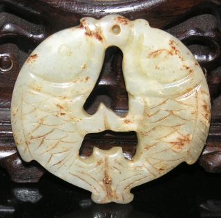 Ancient Chinese Hetian White Jade Hand - Carved Pendant (double Fish) photo