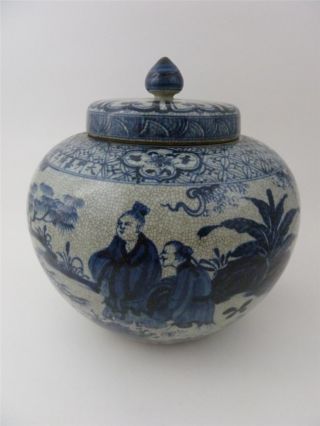 19thc Antique Chinese Crackle Glaze Blue & White Lidded Pottery Jar Vase Signed photo