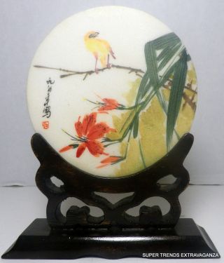 2oth Century Chinese Hand Painted Enameled Bird Stone Plaque On Fitted Base photo