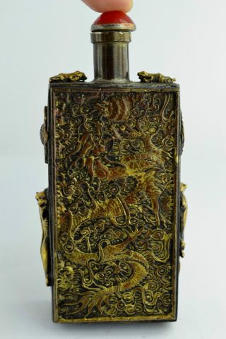 China Rare Collectibles Old Decorated Handwork Copper Dragon Snuff Bottle photo