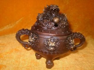Chinese Silver Incense Burner Lid & Surrounded By Carved Dargon photo