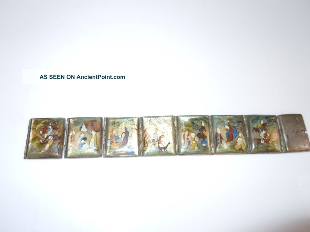 Islamic 1930 ' S Miniature Hand Painted Mother Of Pearl/silver Bracelet Middle East photo