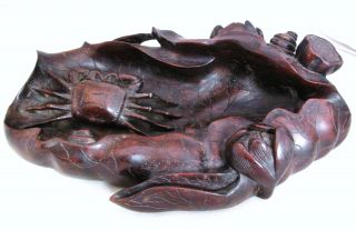 Big Antique Chinese Hand Carved Hard Wood Brush Washer W/ Lotus & Crab (9.  9 