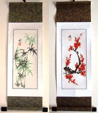 2 Japanese Painting Scroll Bamboo Flower W131 photo