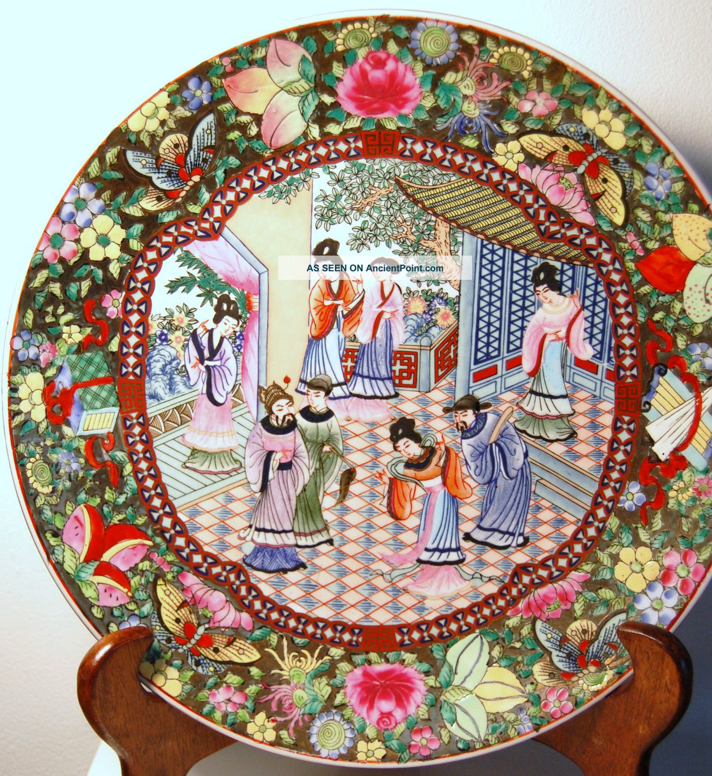 12.  5 Inch Handpainted Enameled Gold Accents Butterfly Flower Palace Scene Dish Plates photo
