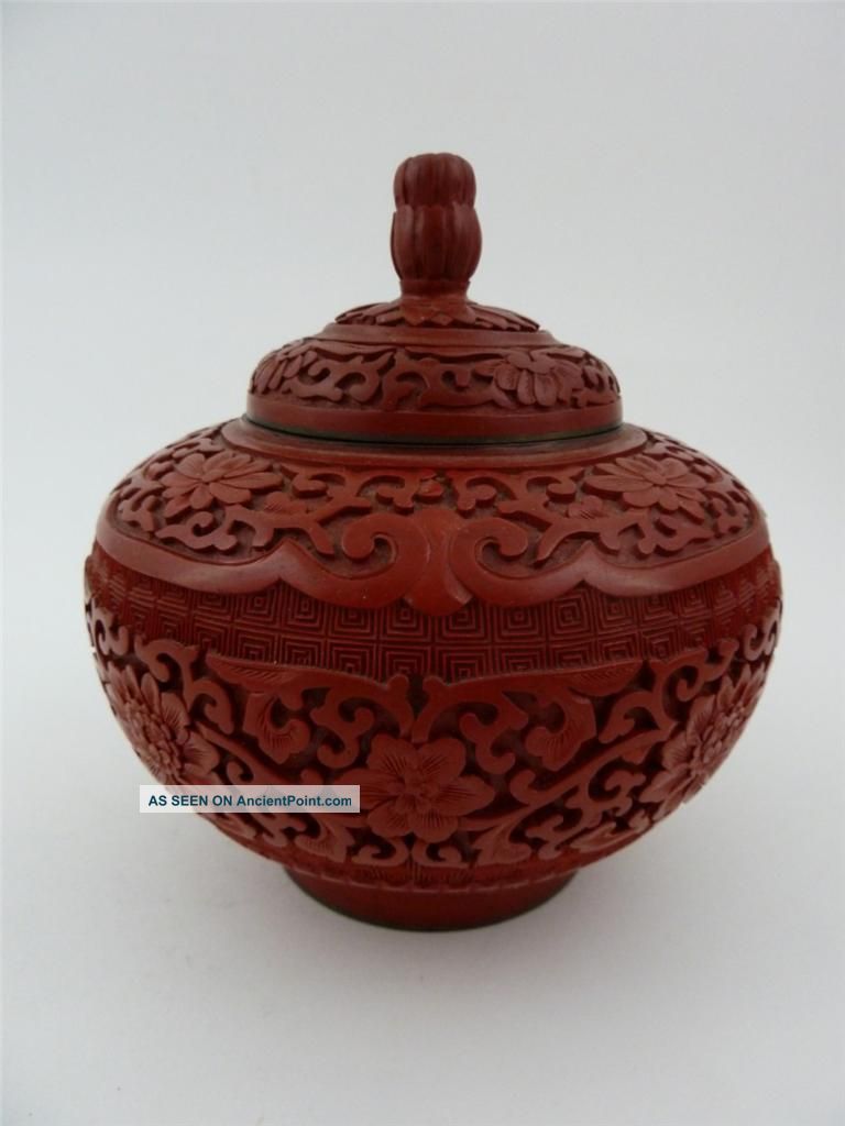 Antique Chinese Cinnabar Lacquer Covered Lotus Jar Vase Box 6 Inches Pots photo
