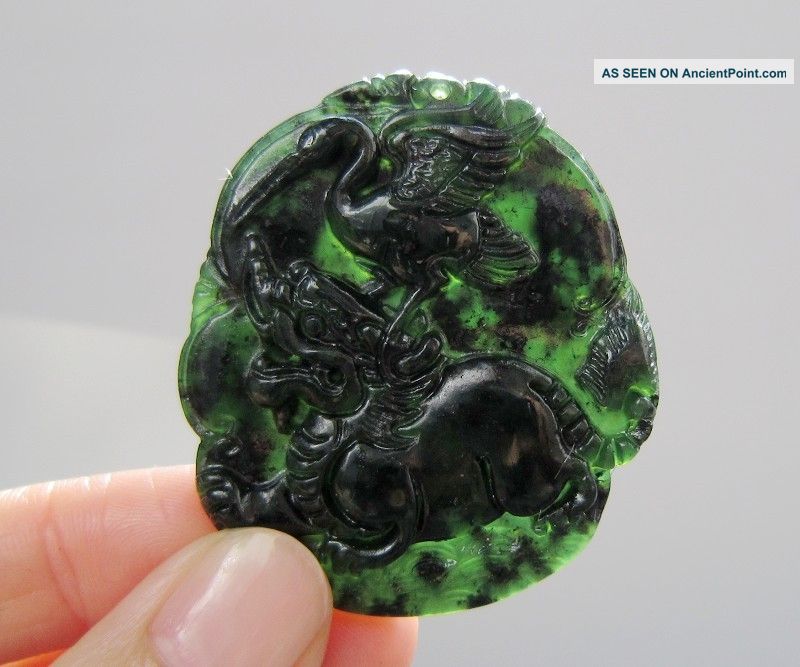 Chinese Hetian Black Green Jade Carved Qilin Crane Pendant Nr Other photo