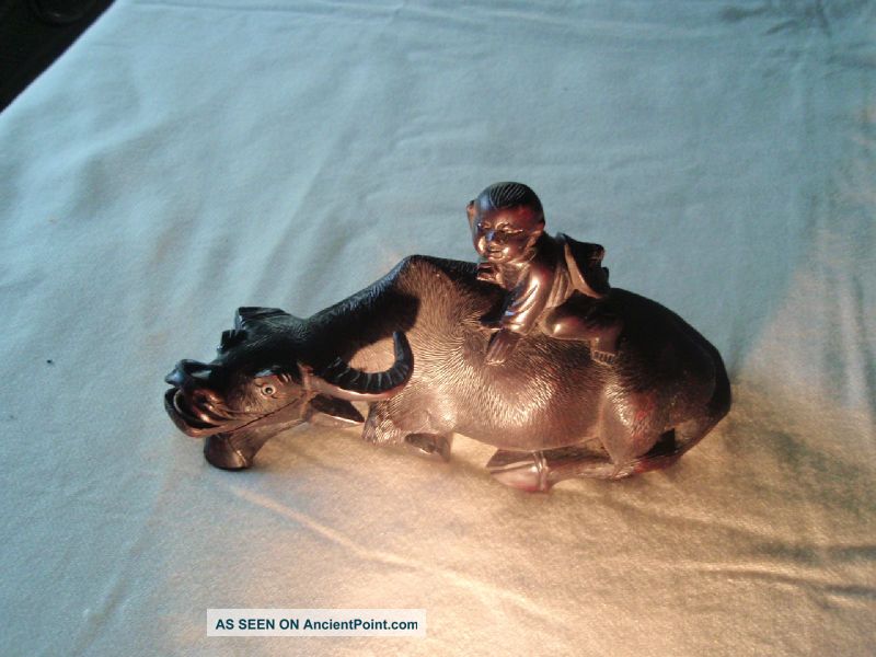 Antique Chinese Carved Wood Boy On Buffalo Or Oxen Oxen photo
