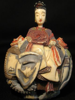 Ox Bone 象牙 Chinese Canton Carved Polychrome Snuff Bottle Empress On An Elephant photo