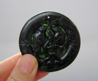 Chinese Hetian Black Green Jade Carved Plum Blossom Magpie Pendant Nr photo