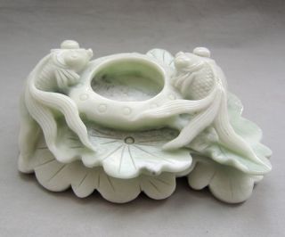 1541g Chinese Lantian Jade Carved Lotus Leaf Goldfish Brush Washer photo